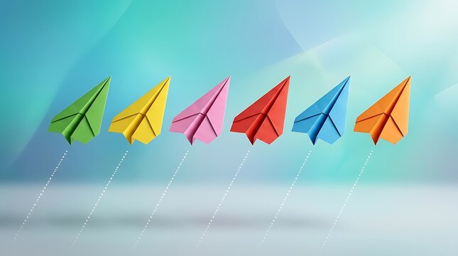 Colorful paper airplanes flying in formation symbolizing creativity teamwork and innovative business concepts