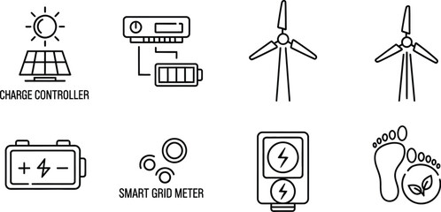 Renewable energy components illustrate a sustainable power system setup including solar panels and wind turbines.