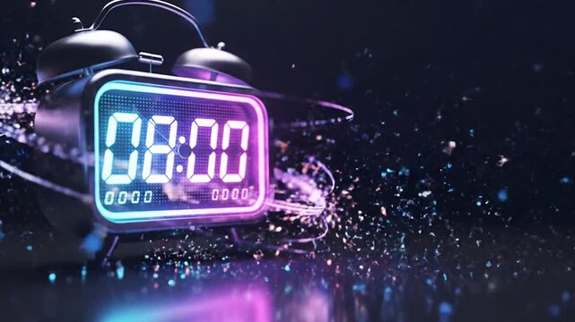 Neon alarm clock showing 00:00 in futuristic setting with dynamic light effects