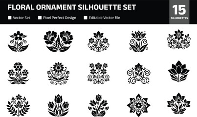Floral ornament silhouette set featuring decorative flowers botanical motifs folk style blossoms and vintage floral elements isolated monochrome collection for design decoration © SunilKumar