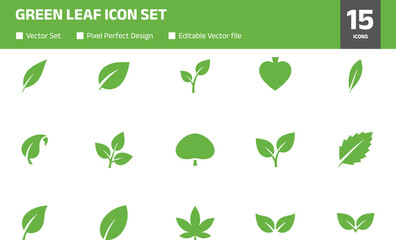 Obraz premium Green leaf icon set with various plant foliage shapes isolated on dark background, eco nature botanical symbol collection for organic environment design