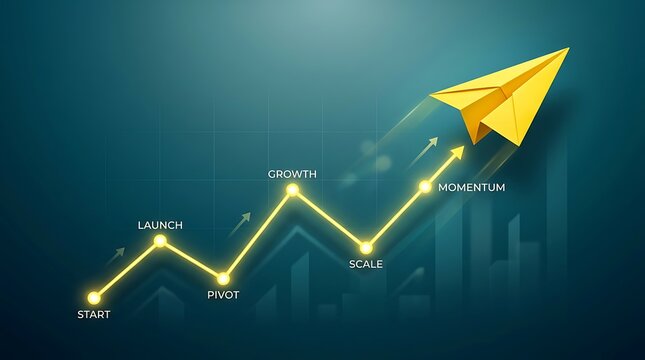 Yellow paper airplane soaring upward symbolizing business growth momentum and strategic startup success stages