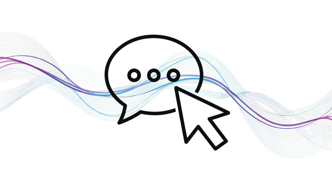 Black speech bubble icon with three dots being clicked by a mouse cursor against a background of wavy purple and blue lines in a clean design.