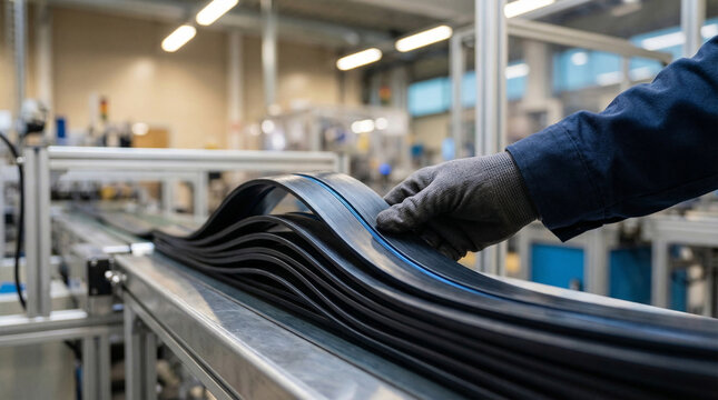 Gloved industrial worker inspecting rubber profiles on an automated production line in a modern factory