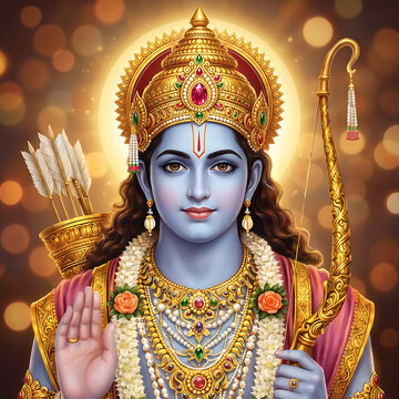 Lord rama with golden bow and divine blessing hand posture for celebrating rama puja and holy ram navami festival during auspicious dussehra celebrations for devotees