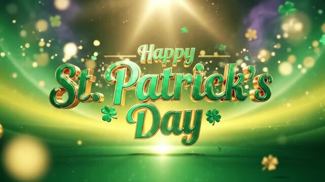 Happy St. Patricks Day greeting card design with green and gold shamrocks. Holiday celebration background for Irish tradition concept.
