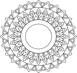  Circular black and white floral mandala ornament for coloring book page and decorative ethnic meditation background design