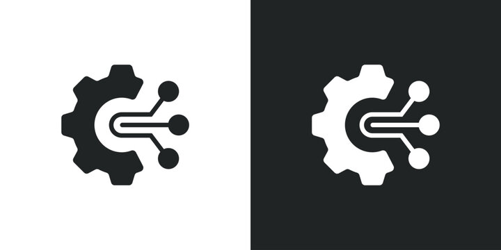 Gear cog with circuit line and nodes icon for AI technology. Filled single symbol. Flat style sign. Solid glyph vector illustration