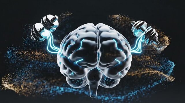 Brain with glowing blue veins flexing muscles with dumbbells