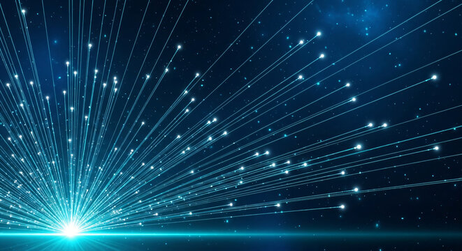 Vibrant blue light rays exploding in dark space with sparkling particles