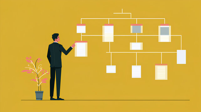 Decision tree diagram. Scenario analysis and strategic planning. AI and machine learning algorithms. Businessperson tapping the diagram.