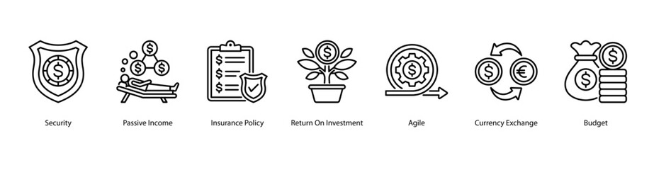 Fototapeta premium Investment and Security web banner vector illustration featuring Security, Passive Income, Insurance Policy, Return On Investment, Agile, Currency Exchange, and Budget.