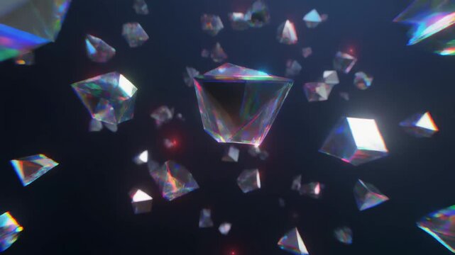 Sparkling Diamonds Falling Against Dark Background with Light Reflections