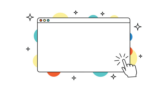Minimalist blank browser window design featuring a clicking hand cursor and whimsical colorful abstract background graphic elements.