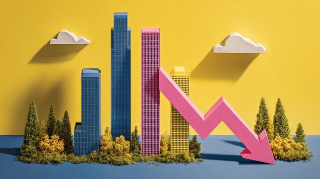 Abstract financial concept with stylized buildings and a descending arrow