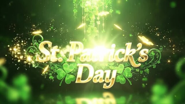 St. Patricks Day golden lettering on a green background with shamrock clovers and butterflies. Holiday celebration poster or greeting card.