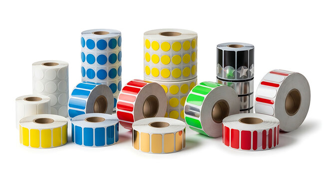 Assortment of colorful sticker rolls isolated on a clean white background.