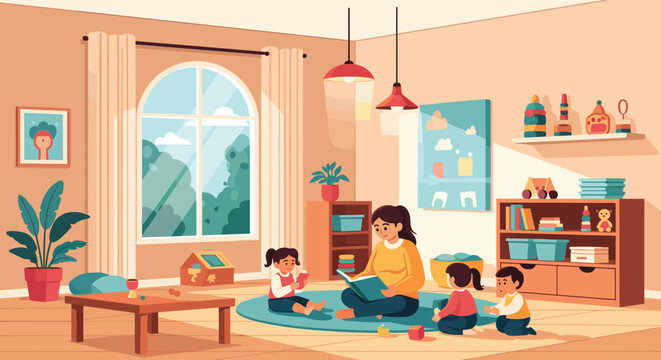 Bright colorful kindergarten classroom scene showing female teacher reading storybook to three small children sitting on blue round rug.