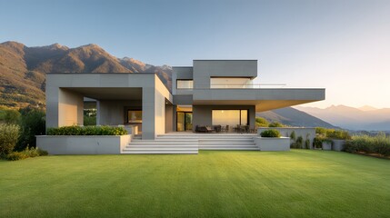 Fototapeta premium Modern Luxury Villa with Mountain Views at Sunset.