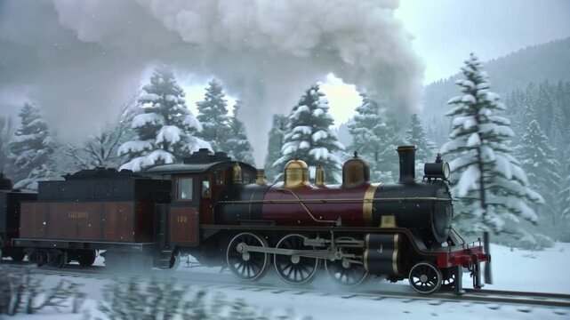 Steam Locomotive Traveling Through a Snowy Forest with chugging