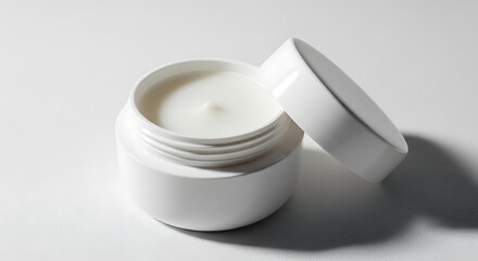 clean product photography of an open jar of white cream on a bright white surface highlighting skincare and cosmetic use