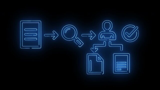 Neon-lit flowchart diagram illustrating a document verification process with icons on a black background.