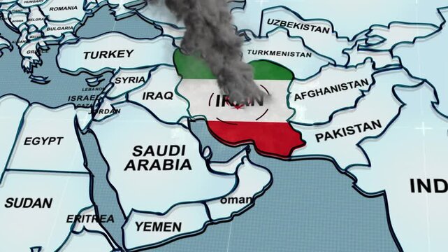 a stylized 3D map highlighting IRAN, Middle East, Iran map, Central Asia and Eastern Europe, Flag of Iran, Iran Flag, bombing, 
