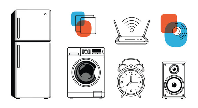 Set of line art icons for common household items including refrigerator, washing machine, router, alarm clock, and speaker.