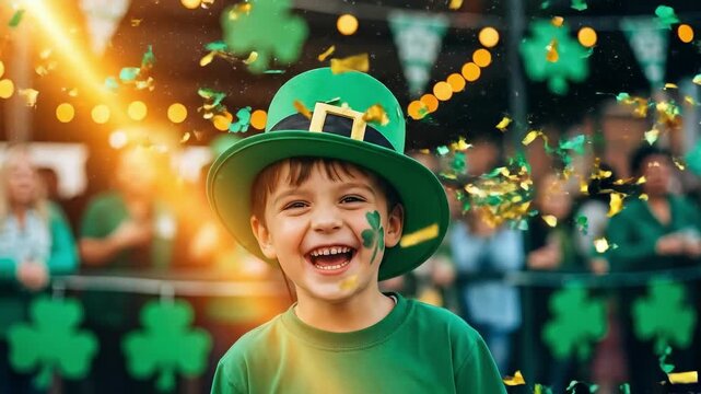 Happy boy with a shamrock painted on his cheek, wearing a green hat with confetti falling. St. Patricks Day celebration of luck and joy.