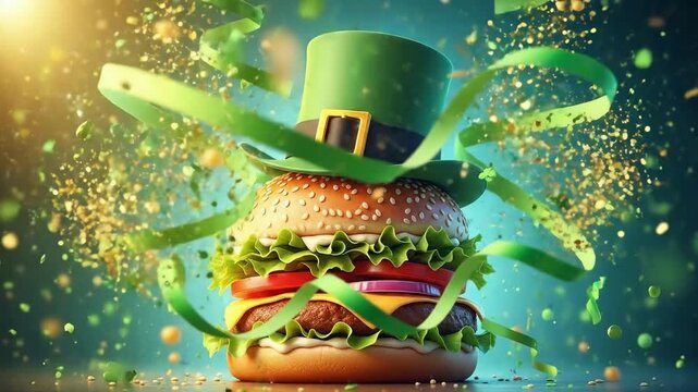 Hamburger with a green leprechaun hat. St Patrick Day celebration theme for festive food promotions. Holiday menu concept.