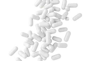 A pile of white oblong capsules scattered on a surface