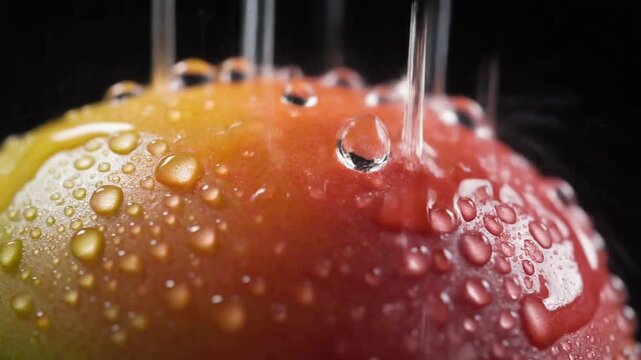 Fresh apple getting wet with water droplets on its surface in studio
