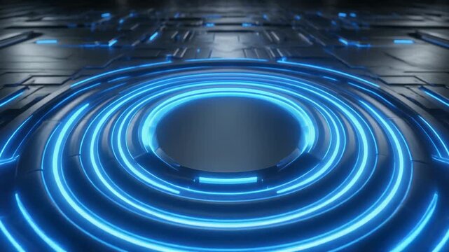 Glowing blue neon rings illuminate a futuristic metallic floor and surface with technology