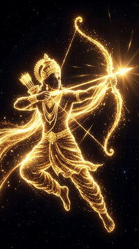 Divine golden particle silhouette of lord rama archer for rama puja celebration and ram navami festival dussehra victory of light over darkness cosmic spirit artwork
