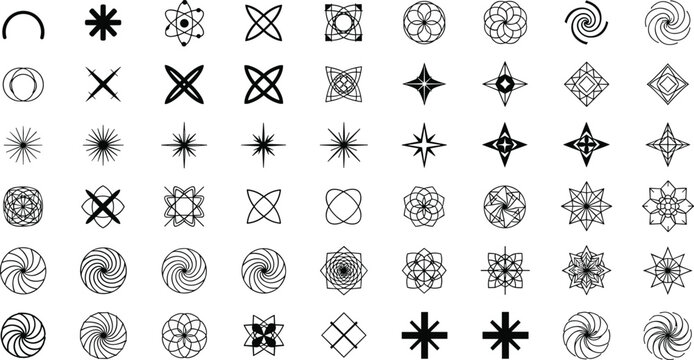 Set of intricate black minimalist vector icons featuring complex mandalas geometric starbursts decorative circular swirls and abstract floral linear elements for modern graphic design projects.Set of 