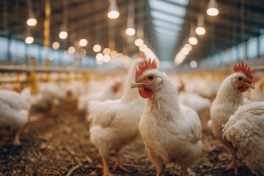 Rows of white chickens in a brightly lit poultry farm building