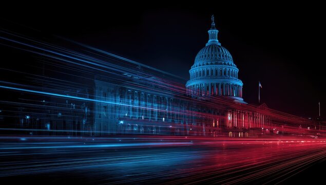 Iconic dome building illuminated by streaks of blue and red light
