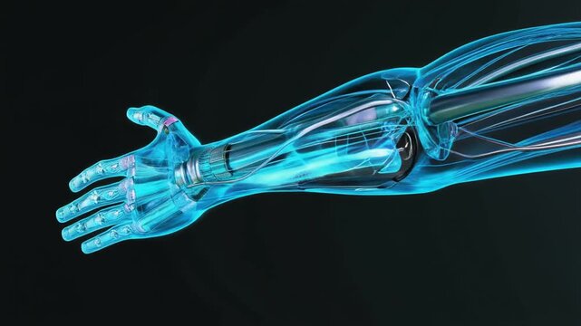 Translucent bionic arm with internal mechanisms and glowing pink light on a gray backdrop