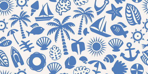 Blue and white nautical themed seamless pattern with summer icons © Usa