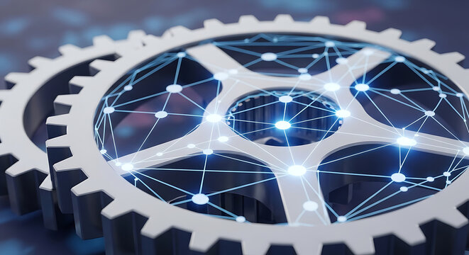 glowing digital network embedded in metallic gears symbolizing artificial intelligence data and integrated technology.