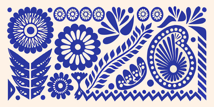 Blue and white floral and botanical folk art pattern with decorative elements