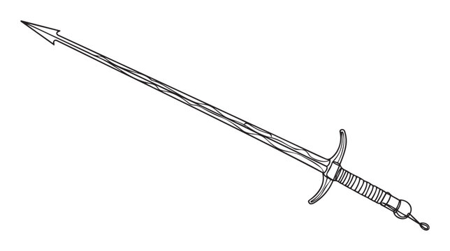 Stylized black outline drawing of a longsword with a wavy flamberge blade and ornate hilt ideal for game assets, historical themes, or medieval graphic design projects