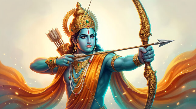 Lord rama drawing his arrow in battle stance for devotional rama puja and ram navami celebrations including religious themes and the sacred event of dussehra
