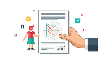 Fototapeta premium Hand in a business suit holding a financial report document featuring a complex radar chart and data analytics.