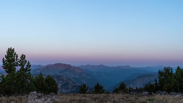 Pink Belt of Venus sunrise glow over the Absaroka Range as first light touches the peaks, framed by pine trees, Montana, time lapse