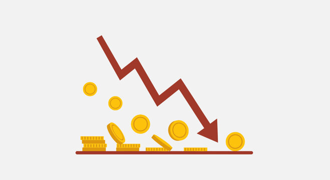 Financial Crisis: Falling Gold Coins and Downward Trend Arrow