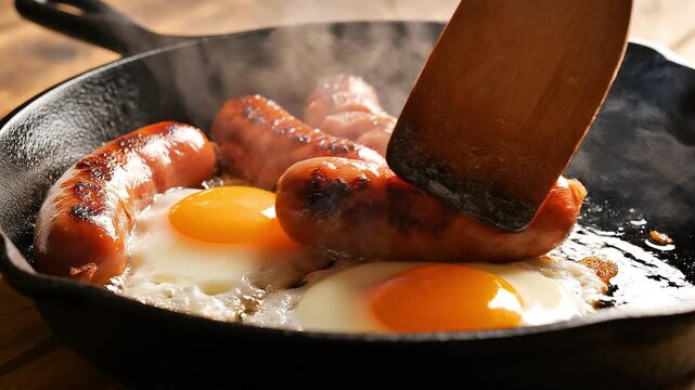 Eggs and sausages on a frying pan. Symbol of a hearty, delicious breakfast.