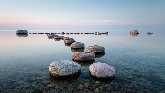 Stones lead into tranquil, reflective water under soft pastel sky