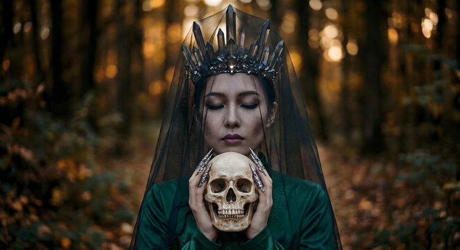 Dark fantasy portrait of mystical woman with skull in deep forest scene 208