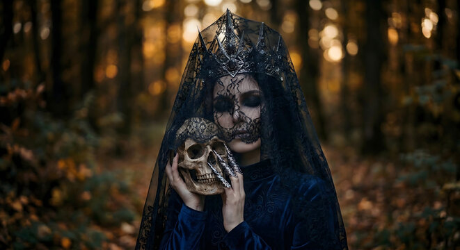 Dark fantasy portrait of mystical woman with skull in deep forest scene 207